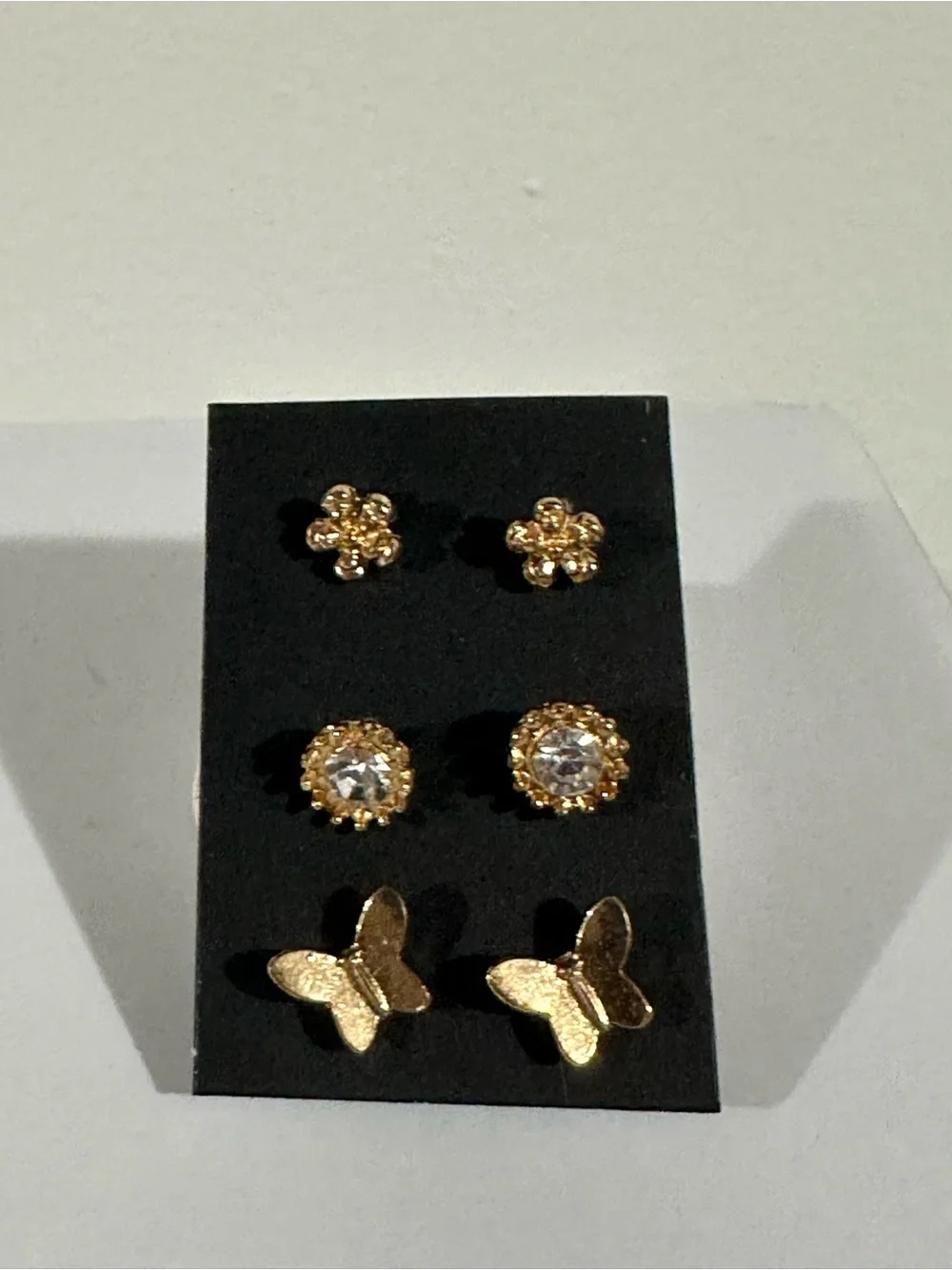 Gold Flower, Gem, & Butterfly Stud Earring Set – Elegant Trio